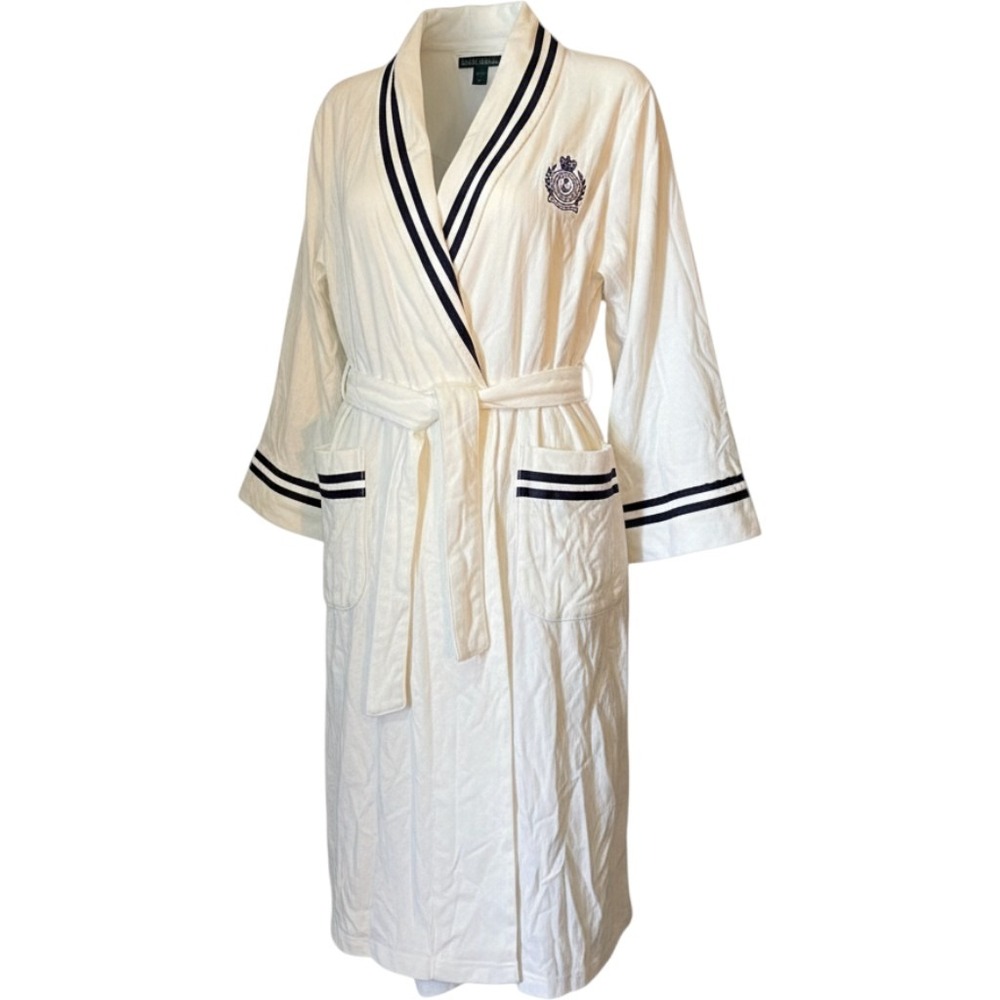 Lauren Ralph Lauren 100% Cotton Nautical Crest Robe Navy Stripe XL